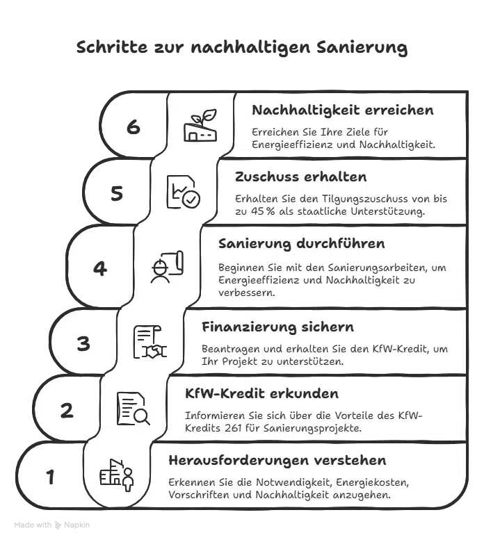 Infografik: Sechs Schritte zur nachhaltigen Sanierung mit KfW-Förderung