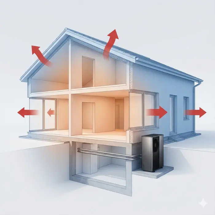 Schematische Darstellung eines Wohnhauses mit Wärmeverlusten über Dach, Fenster und Außenwände