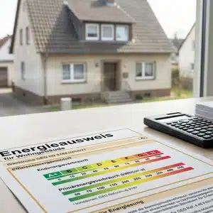 Energieausweis für ein Wohngebäude mit Effizienzskala und Wohnhaus im Hintergrund