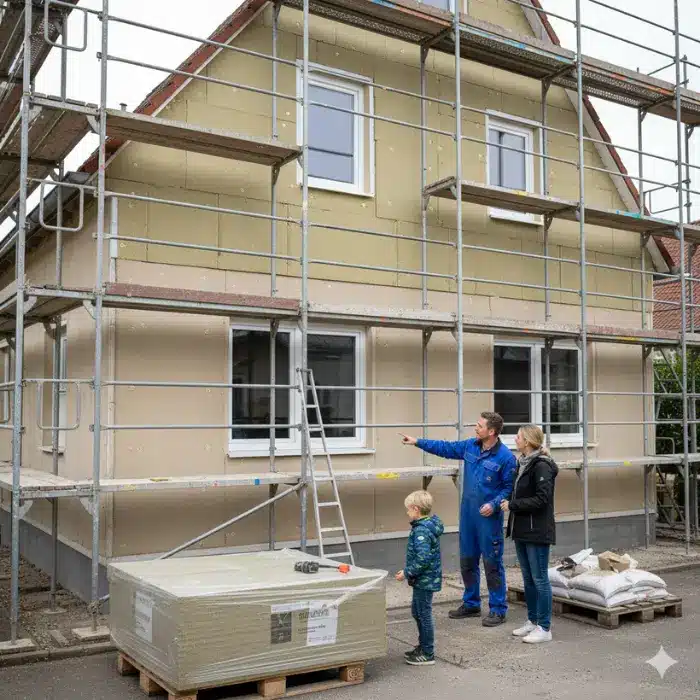 Familie besichtigt Einfamilienhaus auf der Baustelle