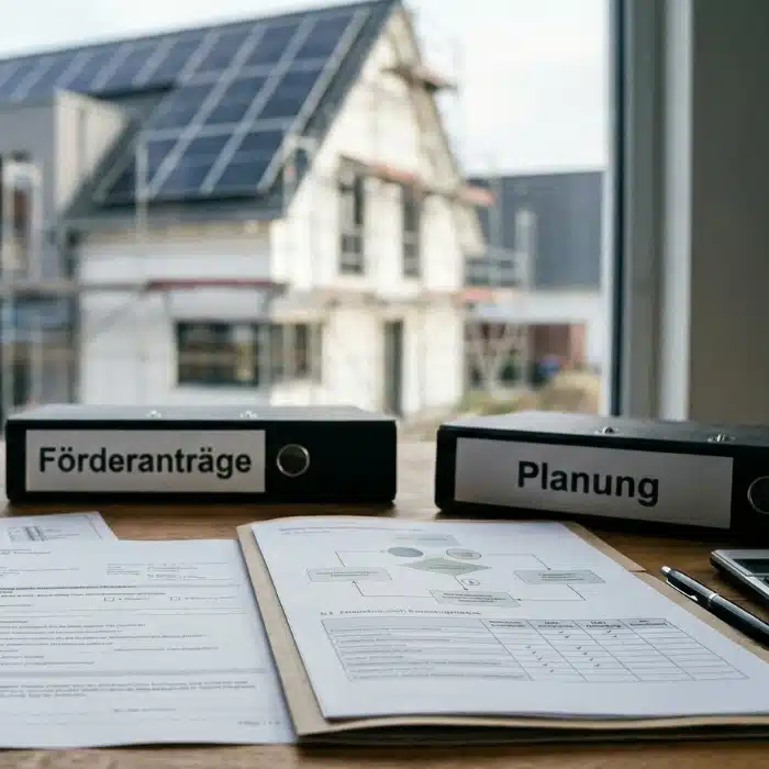 Unterlagen zur Förderantragstellung und Planung mit Wohnhaus im Hintergrund