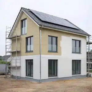 Einfamilienhaus mit Gerüst und Photovoltaikanlage