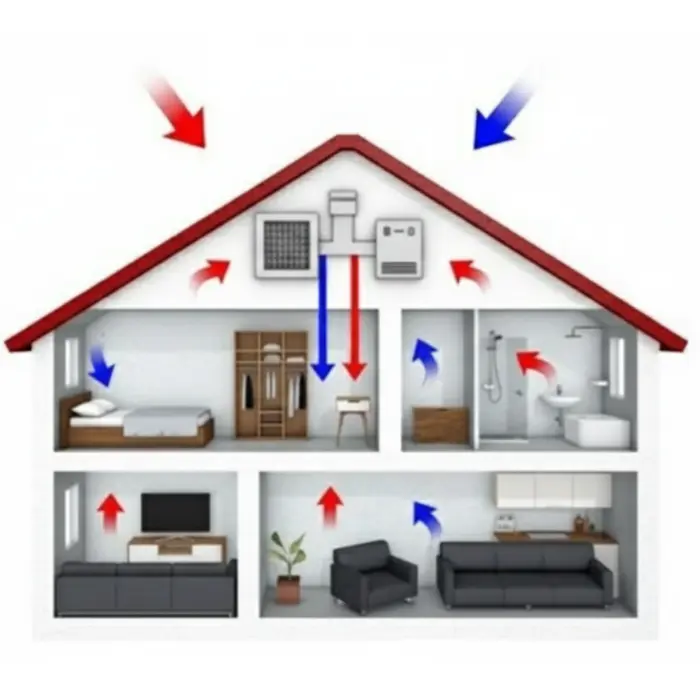 Schematische Darstellung eines Lüftungskonzepts nach DIN 1946-6 mit Zu- und Abluft in Wohnräumen