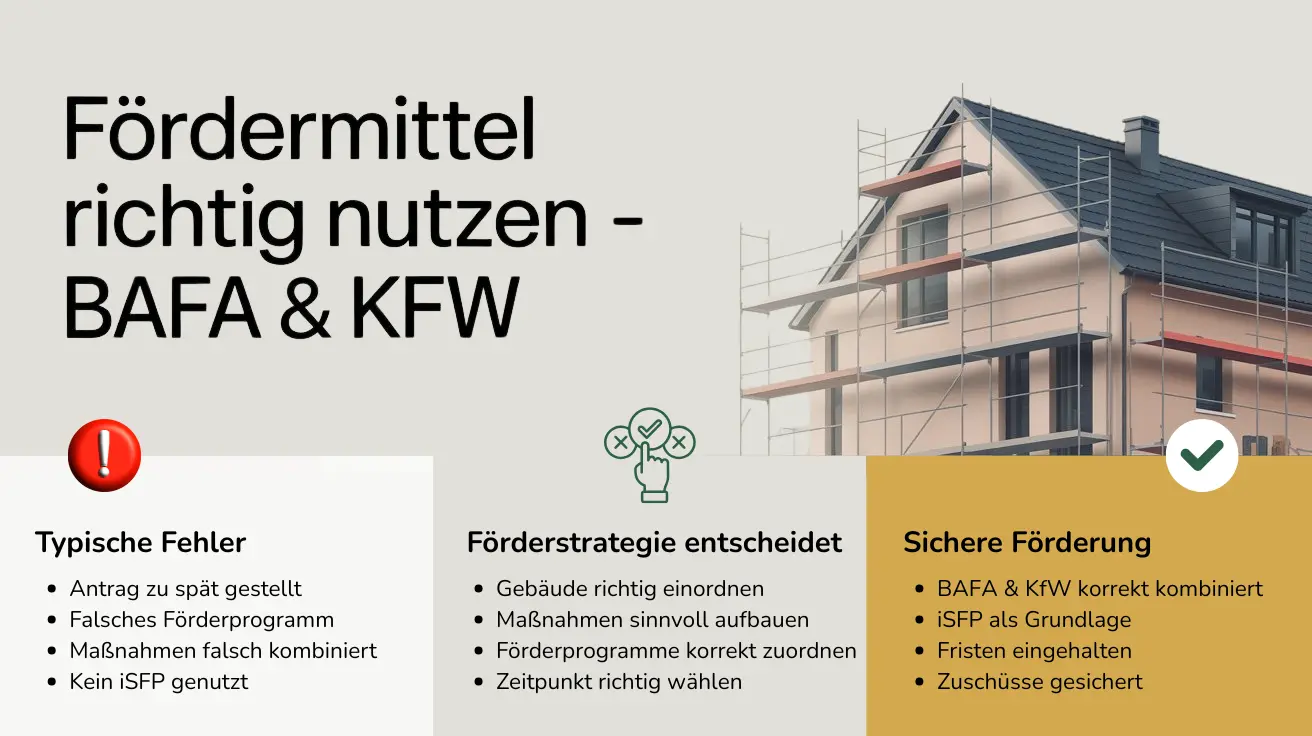 Grafik zur richtigen Nutzung von BAFA- und KfW-Fördermitteln mit typischen Fehlern und erfolgreicher Förderstrategie