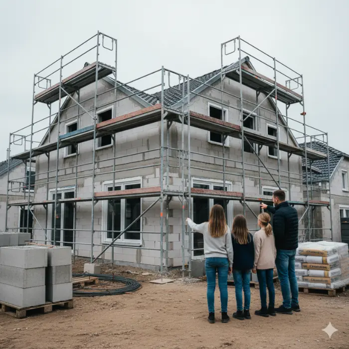 Familie vor Einfamilienhaus mit Gerüst