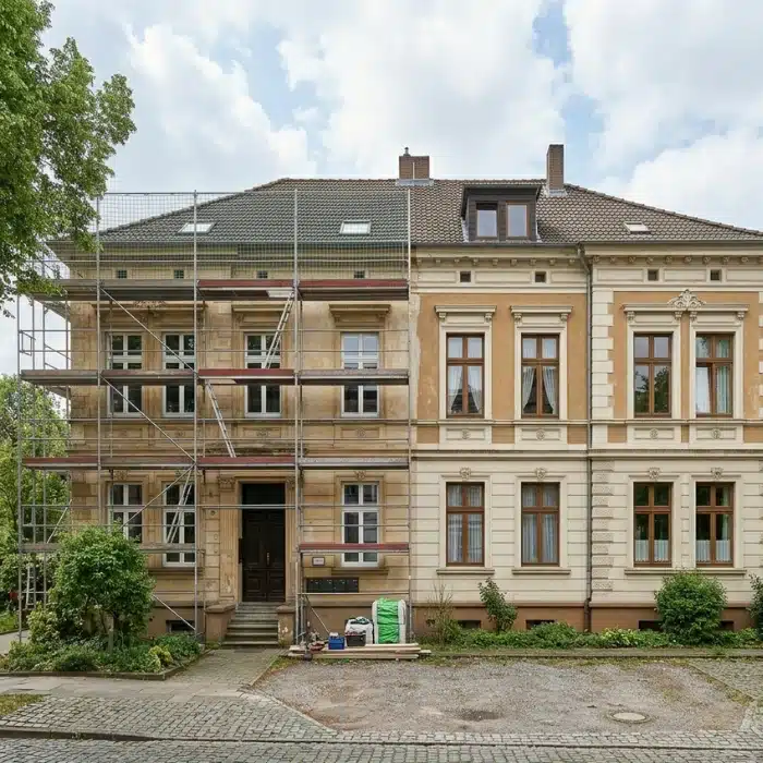 Denkmalgeschütztes Wohngebäude mit historischer Fassade während energetischer Sanierung mit Gerüst